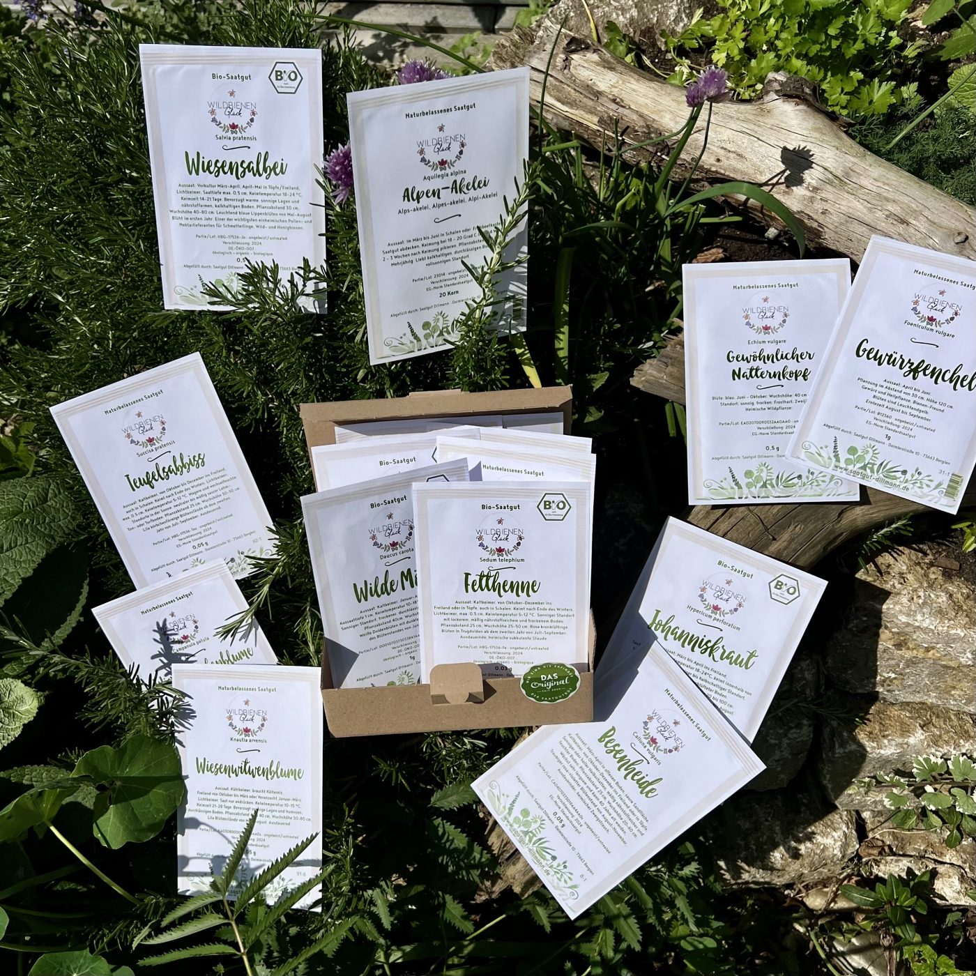 Saatgut mit bienenfreundlichen Pflanzen in einzeln abgepackten Profitten